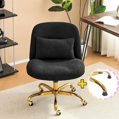 VINGLI Wide Criss Cross Legged Office Chair,Buttprint Ergonomic Desk Chair Comfy with Pillow&Gold Base,Dual-Use with/no Wheels,Adjustable Vanity Swivel Chair for Bedroom,Home Office,Teddy Fleece,Black