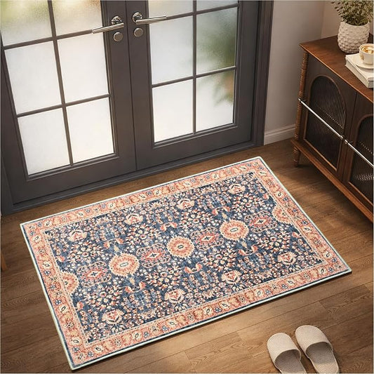 Goideal Washable Rug 2x3, Vintage Area Rugs Non Slip, Indoor Low Pile Carpet with Rubber Backing for Kitchen Bathroom Entryway Office Bedroom,Navy Blue & Orange