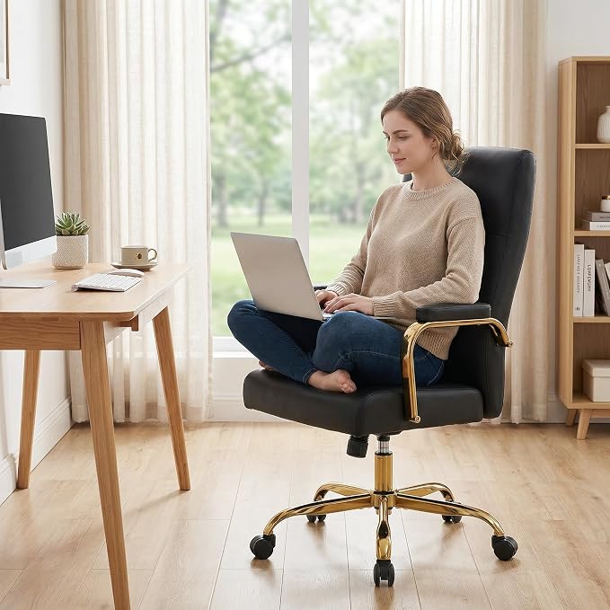 Black and Gold Office Desk Chair,Leather Conference Room Chairs with Wheels,Modern High Back Executive Office Chair with Memory Foam,Ergonomic Swivel Computer Chair for Home Office