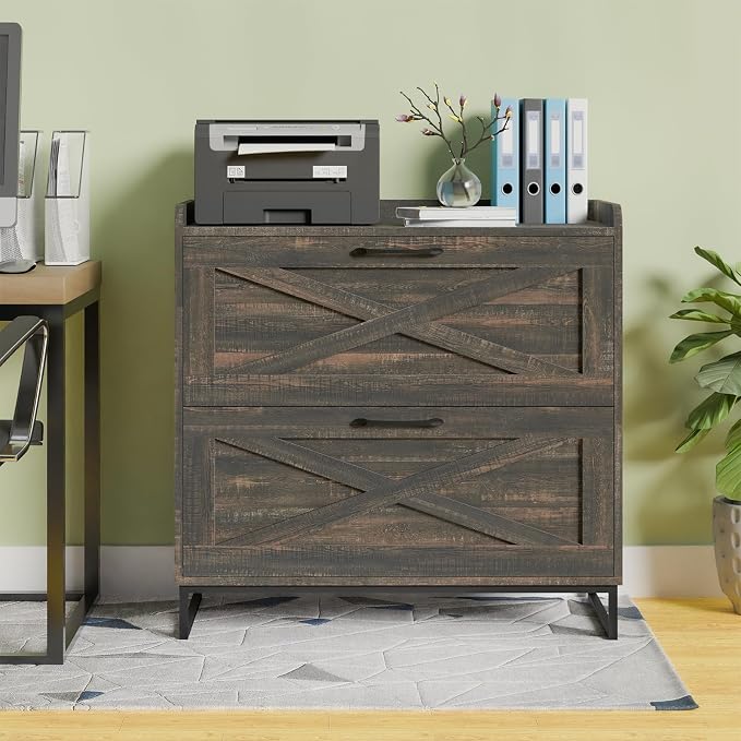 2 Drawer Lateral File Cabinet, Filing Cabinet with Charging Station for Letter/Legal/A4 Size Hanging Files, Modern Farmhouse File Cabinet for Home Office, Printer Stand with Storage, Dark Rustic Oak