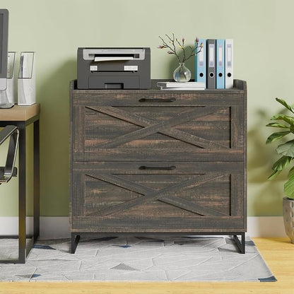 2 Drawer Lateral File Cabinet, Filing Cabinet with Charging Station for Letter/Legal/A4 Size Hanging Files, Modern Farmhouse File Cabinet for Home Office, Printer Stand with Storage, Dark Rustic Oak