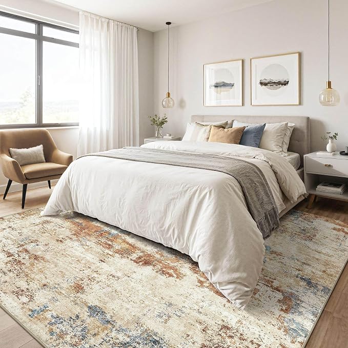 6x9 Area Rugs Washable Rug: Large Abstract Modern Soft Stain Resistant Indoor Floor Non-Slip Accent Carpet for Living Room Bedroom Nursery Playroom Dining Room Office Dorm Home House- Blue Orange
