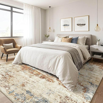 5x8 Area Rug Washable Rug: Large Abstract Modern Soft Stain Resistant Indoor Floor Non-Slip Accent Carpet for Living Room Bedroom Nursery Playroom Dining Room Office Dorm Home House- Blue Orange