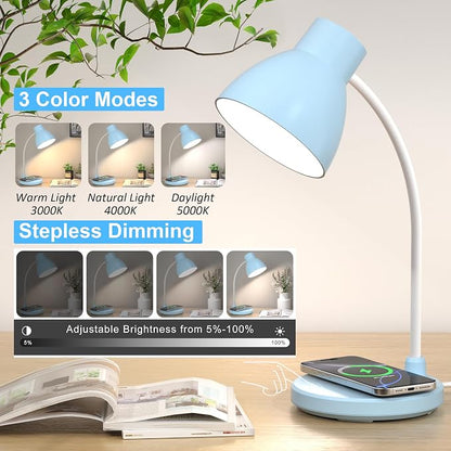 Desk Lamps for Home Office - LED Desk Lamp with Wireless Charger, 3 Color Modes Dimmable Eye-Caring Study Reading Desk Light, Small Flexible Arm Table Lamp for College Dorm Room Bedside, Blue