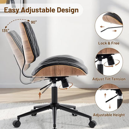 Walnut Bentwood Mid Back Armless Office Chair 2 Pack, Adjustable Height PU Leather Swivel Desk Chair with Wheels, Rolling Computer Task Chair for Home Office, Study, Meeting Room