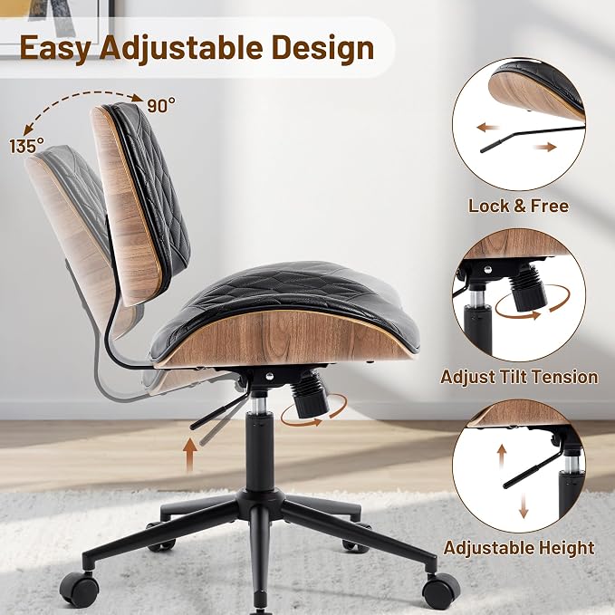 Walnut Bentwood Mid Back Armless Office Chair 1 Pack, Adjustable Height PU Leather Swivel Desk Chair with Wheels, Rolling Computer Task Chair for Home Office, Study, Meeting Room