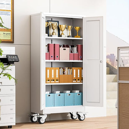 winiowa 61" Tall Metal Garage Storage Cabinet with Wheels, Steel Locking Rolling Tool Cabinet with 3 Adjustable Shelves for Garage,Home,Office (White)
