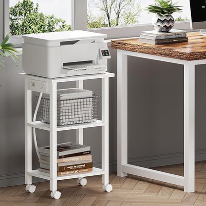 TUTOTAK 3 Tier Printer Stand, Rolling Printer Cart with Power Outlets and USB Ports, Mobile Printer Table with Wheels, for Under Desk, Office, Home, White PS02BW001