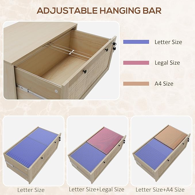 Vinsetto 2 Rattan Drawer File Cabinet with Lock, Lateral Filing Cabinet with Adjustable Hanging Bar for Letter, A4 and Legal Size Files, Printer Stand for Home Office, Natural