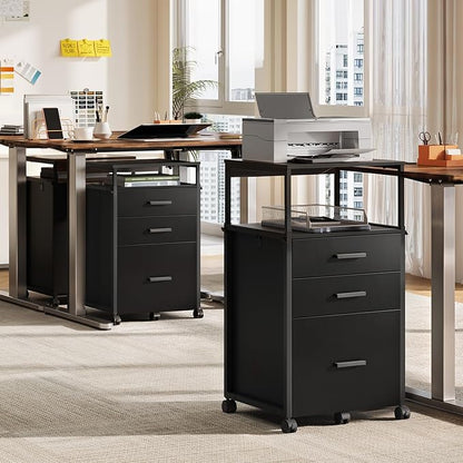 DEVAISE 3 Drawer File Cabinet with Adjustable Shelves, Rolling Wooden Filing Cabinet Mobile Printer Stand for Home Office, Black, 15.7" D x 17.7" W x 40.3" H