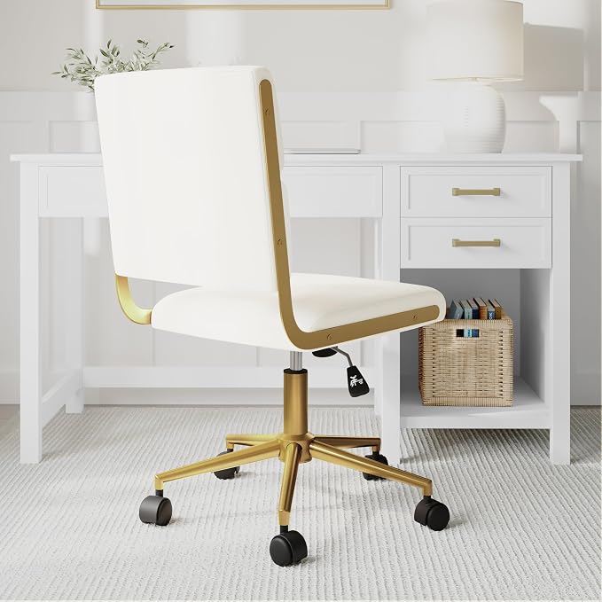 Martha Stewart Lulu Swivel Task Chair with Height Adjustable Seat for Home Office in Off White Faux Leather with Polished Brass Frame