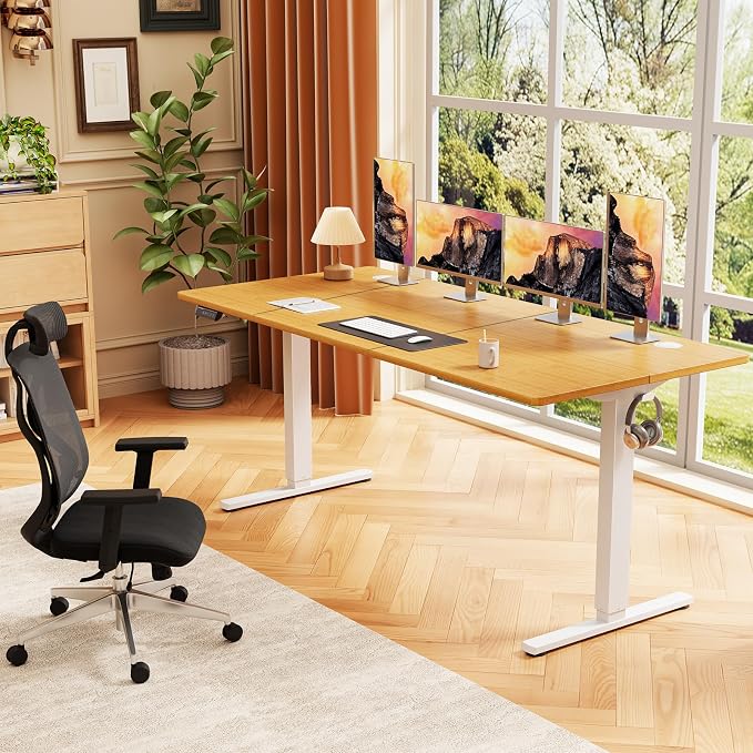 Sweetcrispy 63 Inch Electric Standing Desk, Height Adjustable Sit Stand Up Desk, Computer Workstation Home Office Gaming Rising Table with Memory Preset Splice Board, Oak