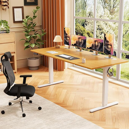 Sweetcrispy 63 Inch Electric Standing Desk, Height Adjustable Sit Stand Up Desk, Computer Workstation Home Office Gaming Rising Table with Memory Preset Splice Board, Oak