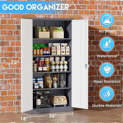 Greenvelly Metal Garage Storage Cabinet, Locking Steel Cabinet with 2 Doors and 4 Adjustable Shelves, Metal Tool Cabinets, Lockable File Cabinet for Home Office, Garage, School (Gray White)