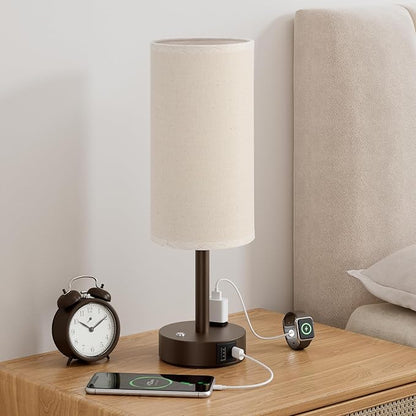 Touch Bedside Table Lamp with Memory - Stepless Dimmable Lamp for Bedroom, Small Nightstand Lamp with Dual USB Charging Ports and AC Outlet, Wood Night Light, Desk Lamp for Nursery (Beige & Brown)