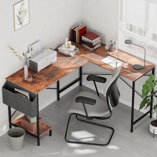 Simple Deluxe L Shaped Desk Gaming Computer 50 Inch Reversible Corner Table PC Work Table for Writing Study Student with Wood Tabletop Metal Frame CPU Stand Side Bag for Home Office Small Place