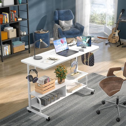 Armocity Rolling Standing Desk with Charging Station, Portable Height Adjustable Mobile Computer Desk with Wheels & 2-Tier Shelves & Hooks, Easy Assembly Laptop Table for Couch Bed, 47" White