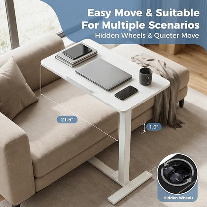 DUMOS Standing Desk on Wheels Height Adjustable Computer Cart with Pneumatic Lift, Rolling Table, Portable Workstation for Bed, Sofa, Hospital or Office White