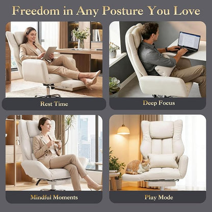 High Back Executive Office Chair with Footrest, Reclining PU Leather, Lumbar Support, Criss Cross Style, 155° Recline (Beige)