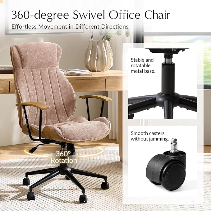 HULALA HOME Solid Wood Office Chair with Tilt Function, Mid Century Modern Bentwood Desk Chair with High Backrest, Height Adjustable Swivel Fabric Computer Task Chair, Spice