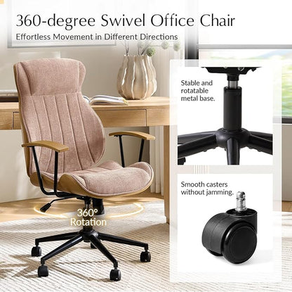 HULALA HOME Solid Wood Office Chair with Tilt Function, Mid Century Modern Bentwood Desk Chair with High Backrest, Height Adjustable Swivel Fabric Computer Task Chair, Spice