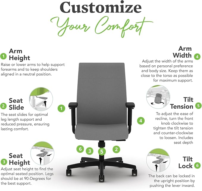 HON Ignition 2.0 Ergonomic Office Chair with Adjustable Arms, Standard Synchro‑Tilt Recline, Upholstered Desk and Computer Chair for Home Office or Workstation, Black Frame, Frost