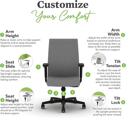 HON Ignition 2.0 Ergonomic Office Chair with Adjustable Arms, Standard Synchro‑Tilt Recline, Upholstered Desk and Computer Chair for Home Office or Workstation, Black Frame, Frost