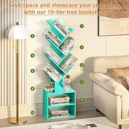 SHEEPAM 10 Tier Tree Bookshelf,Floor Standing Wood Tall Bookcase for Narrow Space, Storage Organizer Bookshelves for Books, Book Case for CDs/Movies/Books,Home Office,Living Room, Bedroom