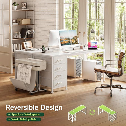 PRAISUN 55.1 Inch Computer Office Desk with Power Outelts and USB-C Port, Reversible Gaming Desk with 4 Fabric Drawers, Work Study Desk Work from Home, White