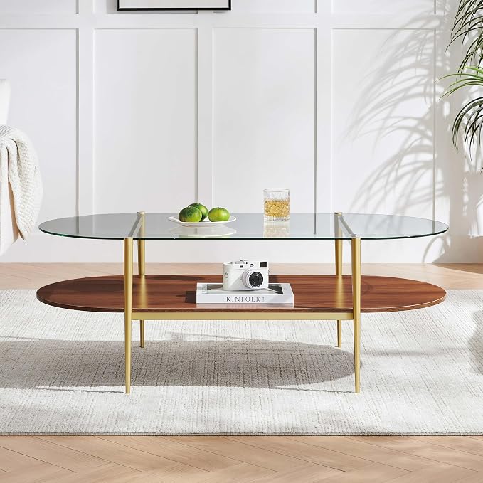 LumFurn X-Large Oval Glass Coffee Table, Mid-Century Modern Design, L47 x W24 x H17 inch, for Living Room, Clear Glass Top and Walnut Finish Wood Shelf, Conical Legs with Gold Finish Frame
