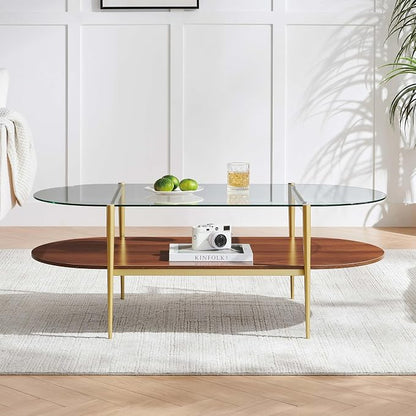 LumFurn X-Large Oval Glass Coffee Table, Mid-Century Modern Design, L47 x W24 x H17 inch, for Living Room, Clear Glass Top and Walnut Finish Wood Shelf, Conical Legs with Gold Finish Frame