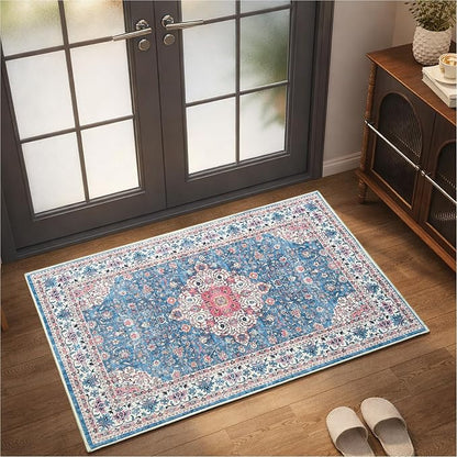 Goideal Washable Rug 2x3, Vintage Area Rugs Non Slip, Indoor Low Pile Carpet with Rubber Backing for Kitchen Bathroom Entryway Office Bedroom,Blue & Hot Pink