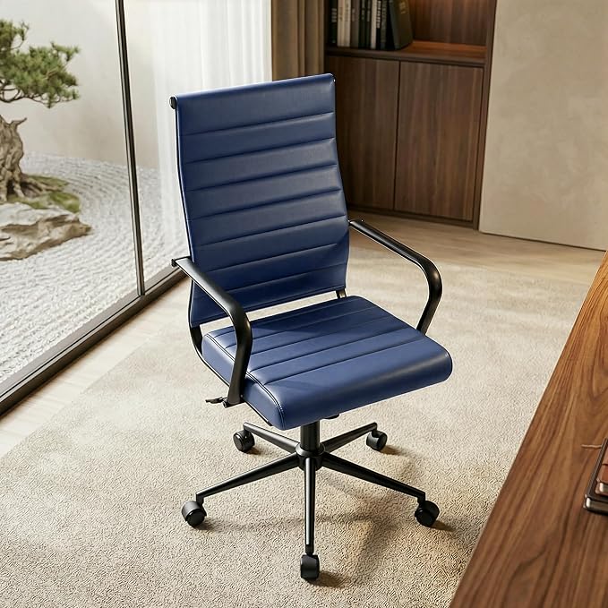 Okeysen Blue Leather Office Desk Chair, Conference Room Chairs Executive Chair Ribbed, Ergonomic Height Adjustable Swivel Rolling Chair for Home Office.