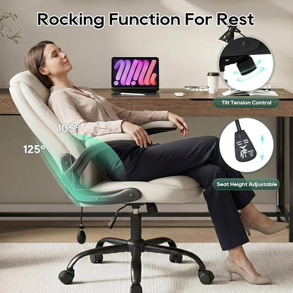 MALOL Leather Office Chair, Computer Desk Chair with Adjustable Lumbar Support, Thick Cushion, Flip-Up Arms and Ergonomic Back, Comfy Executive Office Chair for Home Office Gaming,Beige