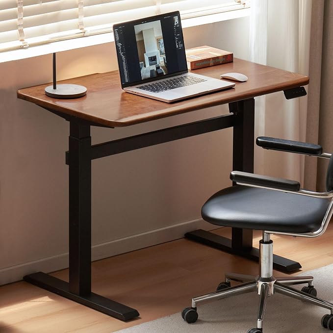 Solid Wood Electric Height Adjustable Standing Desk, Walnut Rubber Wood Home Office Sit Stand Desk with Cable Management Tray for Study Living Room 39.37" W