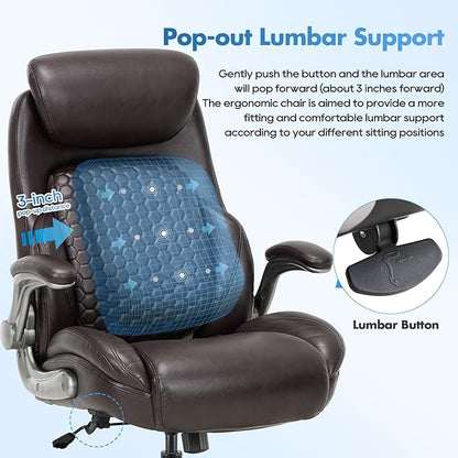 COLAMY Office Chair Ergonomic Desk High Back Executive Chair with Pop-Out Lumbar Support, Upgraded Casters, Adjustable Headrest, Flip-Up Arms, Leather Home with Thick Cushion for Comfort - Brown