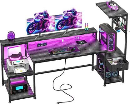 DurayLoly 63" Gaming Desk with LED Lights & Outlets,Computer Desk with Drawers & Monitor Stand,Gaming Table with 3 Storage Shelves, Hooks& Printer Space for Game&Study Room,Home Office,Bedroom,Black