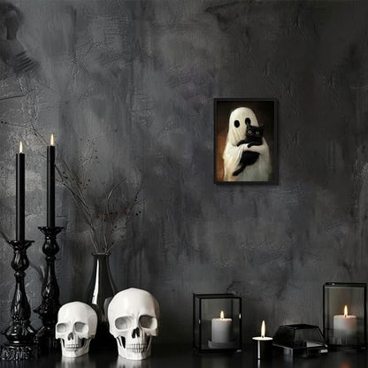 Framed Vintage Halloween Ghost Wall Art, Cute Ghost Hugging Black Cat Canvas Print, Cozy Dark Academia Gothic Halloween Decor for Living Room Bedroom, 8x10in Wood Frame