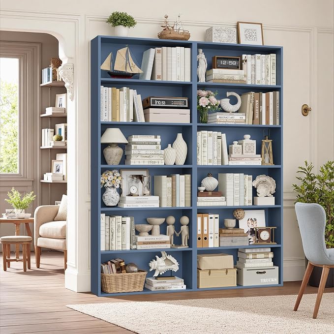 FOTOSOK 6-Tier Open Bookcase and Bookshelf, Freestanding Display Storage Shelves Tall Bookcase for Bedroom, Living Room and Office,Blue Set of 2