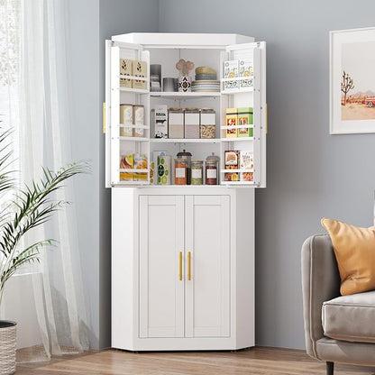 GAIOUS 63" Tall Metal Corner Kitchen Pantry Cabinet, Steel Storage Cabinets with 4 Doors and 3 Shelves, Kitchen Food Cabinets with 6 Door Panel Shelves, Farmhouse Cupboard for Kitchen Dining, White
