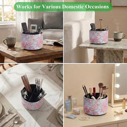 Round Leather Art Supply Organizer,Remote Control Holder,360 Degree Spinning,Multi-Functional Pencil Holder,4 Compartments Desktop Stationary Organizer(1-Pink Blue Bird)