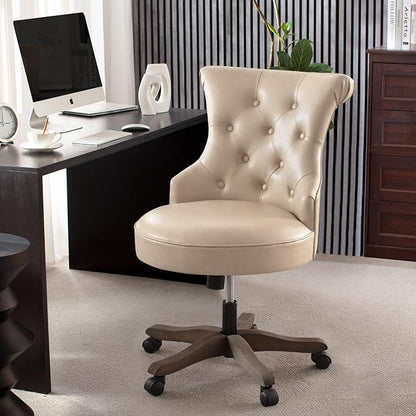 HUIMO Home Office Chair Upholstered PU Leather Armless Desk Chair with Wheels Adjustable Height Computer Desk Chair with Wooden Legs Comfortable Swivel Chair for Home Office Study Studio (Light Taupe)
