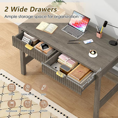 YOMILUVE Fluted Computer Desk with 2 Drawers, 39 Inch Small Computer Desk with Storage, Compact Writing Study Desk for Small Spaces, Gray
