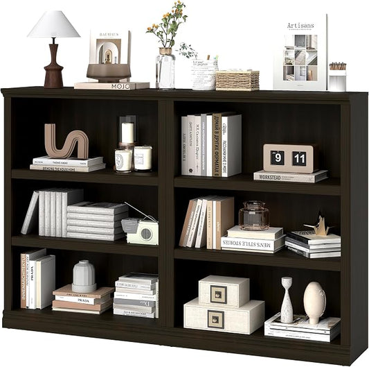 blini Wooden Bookshelf and Bookcase Set of 2, Cherry Wood Double Wide Large Bookshelves 3 Tier Bookshelf with Storage Cabinets for Living Room, Home Office, Library (Cherry Wood, 3-Shelf)