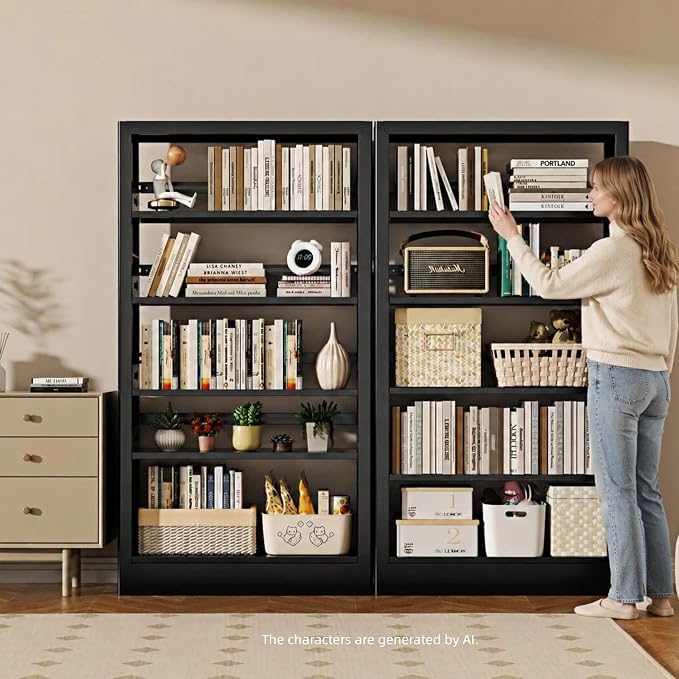 5-Tier Bookcase with Adjustable Storage Shelves, Heavy Duty Bookcase, Metal Bookshelf with Book Stopper, Black Bookcase Shelf for Library, Office, Living Room