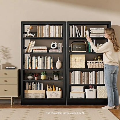 5-Tier Bookcase with Adjustable Storage Shelves, Heavy Duty Bookcase, Metal Bookshelf with Book Stopper, Black Bookcase Shelf for Library, Office, Living Room