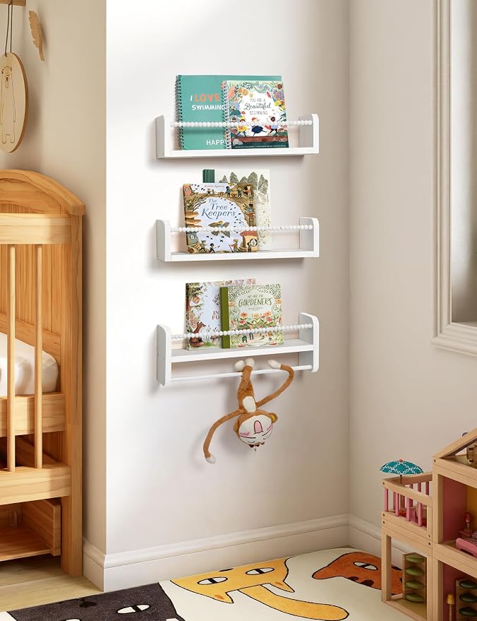 Maxpeuvon Nursery Bookshelves Set of 3, Natural Wood Nursery Floating Shelves Wall Mount Storage Shelf with Towel Bar Hainging Bookshelf for Kids Room Bedroom Living Room Decor, White