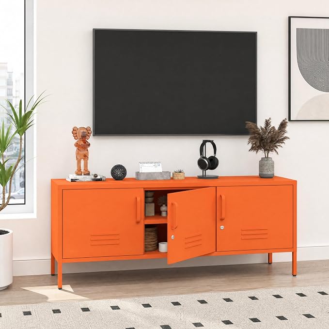 Metal Storage Cabinet with Adjustable Shelves, Wide Lockable TV Stand, Multipurpose Accent Cabinet, Orange Colorful Locker for Home Office Living Room, 22" H x 47.3" x 13.8" D