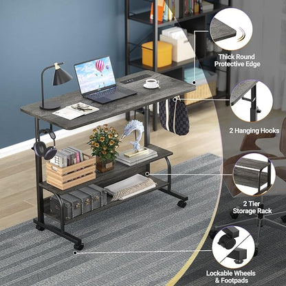 Armocity Rolling Standing Desk with Charging Station, Portable Height Adjustable Mobile Computer Desk with Wheels & 2-Tier Shelves & Hooks, Easy Assembly Laptop Table for Couch Bed, 32" Grey Oak