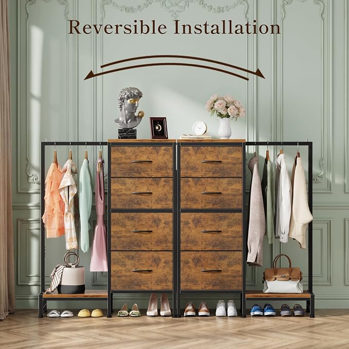 HIGDBFE Dresser with Hanging Rack, 4 Drawers Small Closet for Bedroom, Reversible Fabric Kids Chest of Drawers with Clothes Rack, Tall Storage Tower, Sturdy Frame, Rustic Brown, 44''H